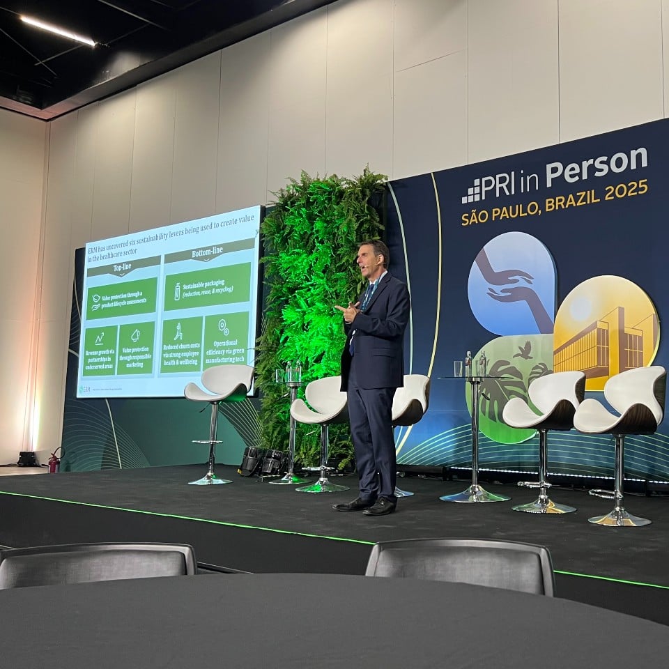 Tom Reichert speaking at PRI in Person in São Paulo on value creation using sustainability in private markets.